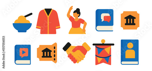 Flat vector icons of travel culture: local food, traditional clothing, cultural dance, language book, museum ticket, handshake symbol, festival banner, cultural guide.
