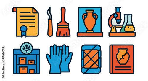 Flat vector icons of preservation and conservation: preserved document icon, museum preservation tools, artifact under glass, conservation lab, climate-controlled storage, conservation gloves,