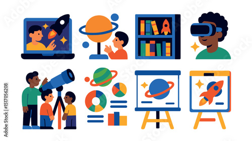 Flat vector icons of space-related learning environments: virtual space classroom, interactive planet model, space-themed library, VR headset for astronomy, group telescope activity, learning