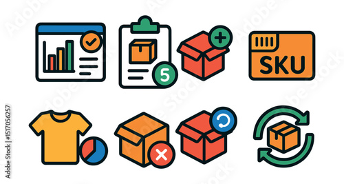 Flat vector icons of online store management: inventory dashboard, stock count, add product, SKU system, product variant, out of stock, update listing, reorder icon.