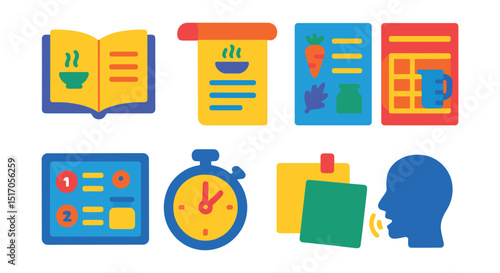 Flat vector icons of recipes and instructions: open cookbook, recipe scroll, ingredients list, measurement chart, step-by-step card, timer, sticky notes, voice instruction icon.
