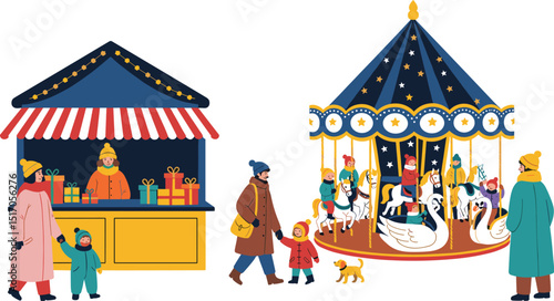 Christmas market 2026. Vector cute illustration of city decorated winter festive square with Christmas tree, kiosk, houses, people, family, carousel with horses for greeting card, background or banner