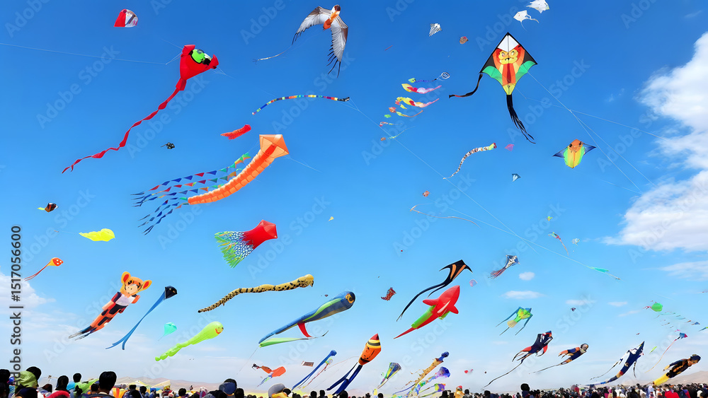 Fototapeta premium Vibrant Kite Festival Colorful Kites Dancing in the Sky