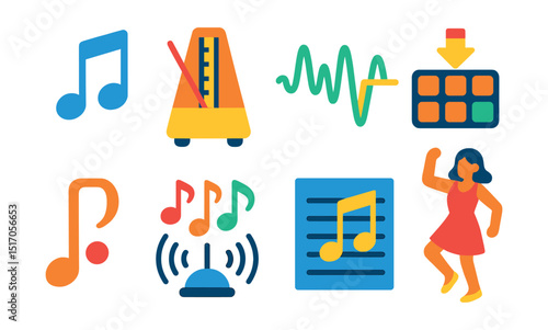 Flat vector icons of music and rhythm in dance: music note icon, metronome, rhythm wave, beat counter, tempo bar, syncopation symbol, sound cues, dance with music sheet.