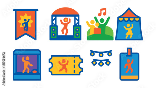 Flat vector icons of dance festivals and events: festival banner, outdoor stage, festival crowd, cultural tent, dance booth, event ticket, open-air lights, event badge.
