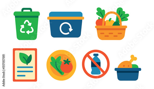 Flat vector icons of sustainable cooking practices: compost bin, reusable container, zero waste icon, local produce basket, eco recipe card, plant-based meal, no plastic symbol, leftover meal box.