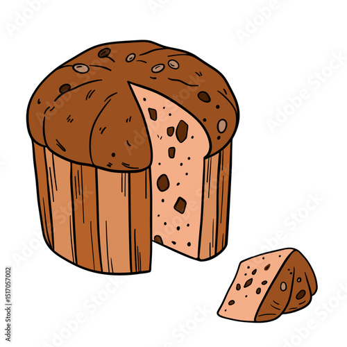 Appetizing and delicious sweet baked panettone. Bakery Sweet treats dessert. Outline food art