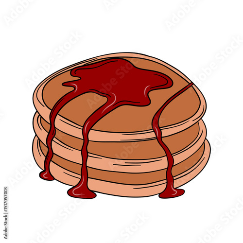 Appetizing and delicious sweet baked pancakes with fruit syrup. Bakery breakfast sweet treats dessert. Outline food art