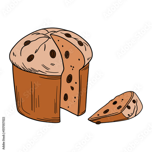 Appetizing and delicious sweet baked panettone. Bakery Sweet treats dessert. Outline food art