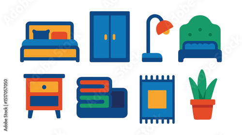 Flat vector icons of bedroom updates: bed with pillows, closet door, reading lamp, headboard design, bedside table, linen storage, bedroom rug, relaxing decor.