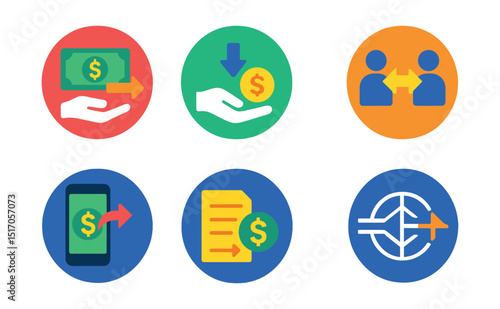 Flat vector icons of money transfer tools (in circles): send money icon, receive funds, P2P transfer, mobile payment, wire icon, international send, currency exchange, transaction arrow.