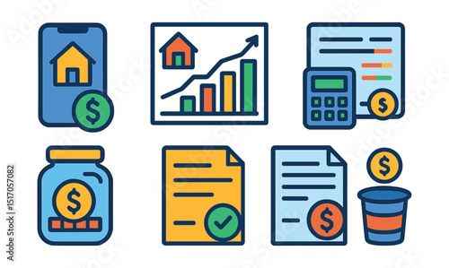 Flat vector icons of budgeting and planning: home budget app, renovation cost chart, calculator with house, expense tracking, savings jar, estimate quote, invoice icon, spending cap.