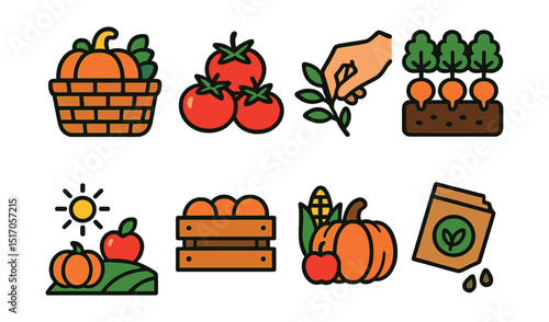 Flat vector icons of harvesting and collecting: harvest basket, ripe tomatoes, hand picking herbs, full garden bed, harvest day icon, fruit crate, autumn harvest, seed collection.