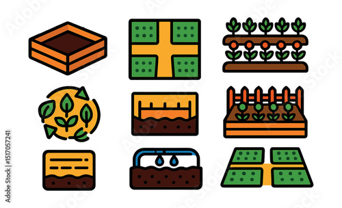 Flat vector icons of raised beds and garden layout: raised bed box, garden path layout, planter row, fenced bed, crop rotation, soil level marks, drip hose bed, modular layout.