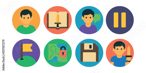 Flat vector icons of single player mode (in circles): solo avatar, story mode, character dialogue, pause screen, campaign icon, map unlock, save game, solo quest.