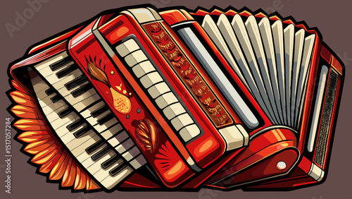 Detailed folds and keys of a red accordion pop in close-up, representing folk music heritage and European vibrancy—ideal for creating a textured and dynamic vector design.