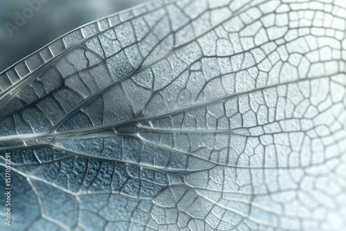 Close-up shot of a dragonfly wing, showcasing the intricate vein patterns in a shimmering, metallic blue hue.
