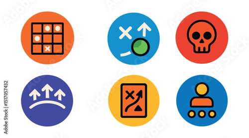 Flat vector icons of game strategies (in circles): strategy grid, move planning, radar screen, enemy marker, control zone, tactical card, command unit, route line.
