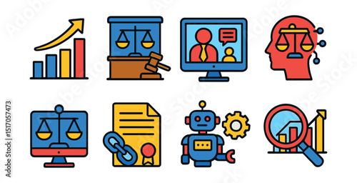 Flat vector icons of legal trends and innovation: law trend chart, modern courtroom tech, virtual hearing, AI in law, digital justice scale, blockchain contract, legal automation, trend insight icon.