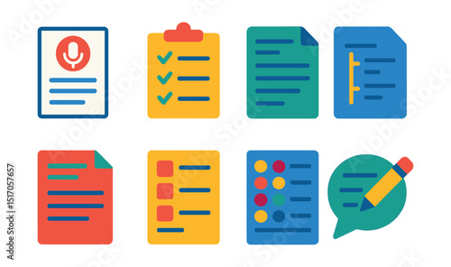 Flat vector icons of podcast scripts and planning: podcast script page, talking points checklist, show notes, outline icon, intro/outro script, content sheet, podcast segments, writing bubble.