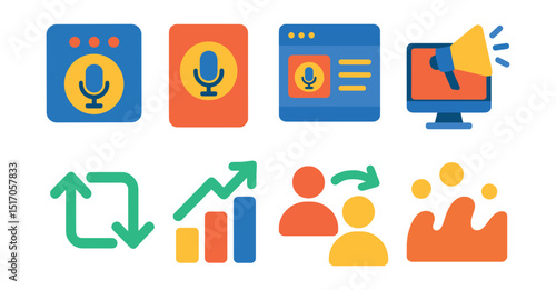 Flat vector icons of podcast promotion and growth: episode teaser icon, trailer episode, social preview icon, promoted show icon, repost arrow, growth chart, share with friends icon, viral wave.