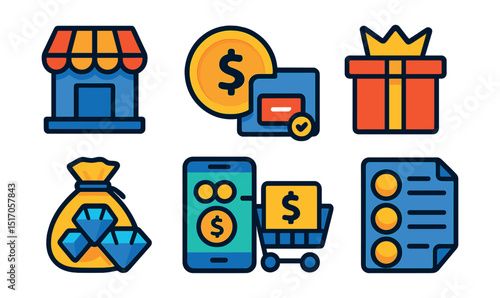 Flat vector icons of in-game purchases: shop icon, coin currency, payment popup, premium item, gem pack, top-up screen, checkout icon, purchase history.