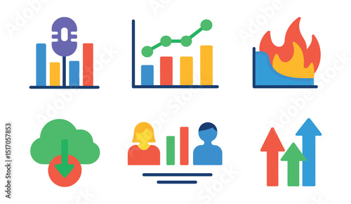 Flat vector icons of podcast analytics and insights: listener stats chart, episode views graph, retention curve, engagement spikes, download count icon, audience demographics, heatmap icon, trend