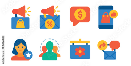 Flat vector icons of retail marketing: marketing campaign icon, email promo, SMS deal alert, social ad, influencer feature, customer segmentation, seasonal ad, cross-channel icon.