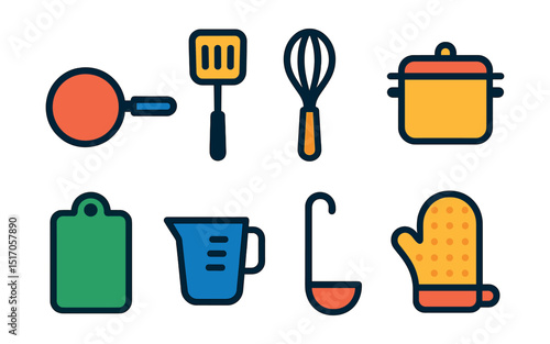 Flat vector icons of cooking tools: frying pan, spatula, whisk, cooking pot, chopping board, measuring cup, ladle, oven mitt.