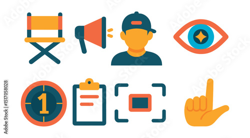 Flat vector icons of directors and creatives: director chair, megaphone, director profile, creative vision icon, film leader, set instructions, camera framing, storytelling hand.