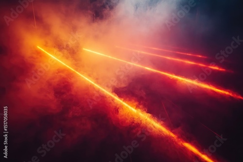 Vibrant orange and red lasers cut through a dense smoky atmosphere, creating a dynamic and surreal effect, abstract design.