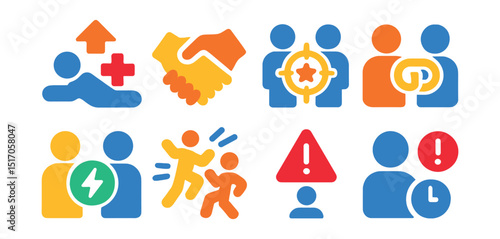 Flat vector icons of cooperative play: revive icon, co-op hand, shared mission, dual icon, player synergy, combo move, partner ping, revive timer.