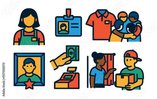 Flat vector icons of retail staff and employees: retail associate, name badge, staff uniform, team huddle, employee of the month, cashier hand, fitting room assistant, restock crew.