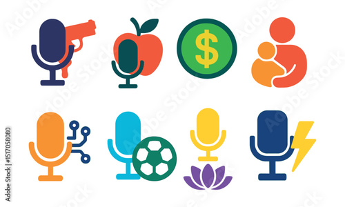 Flat vector icons of podcast niches and genres: true crime mic, health podcast icon, finance series badge, parenting podcast symbol, tech talk icon, sports commentary mic, spirituality voice, news
