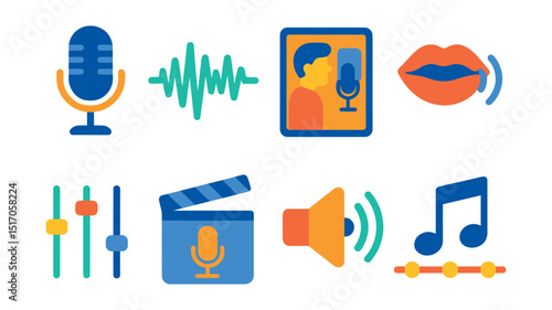Flat vector icons of voiceover and sound design: microphone, audio waveform, voice booth, lipsync icon, sound slider, clapboard with mic, speaker icon, music note timeline.