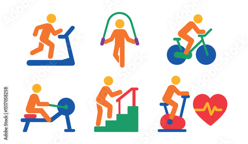 Flat vector icons of cardio workouts: treadmill run, jump rope, cycling session, rowing machine, stair climber, elliptical icon, spin class, target heart zone.
