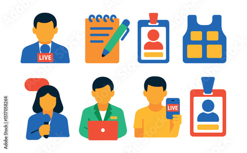Flat vector icons of journalists and reporters: field reporter icon, notepad with pen, journalist ID badge, press vest, live reporting figure, journalist at desk, mobile reporter, media badge.
