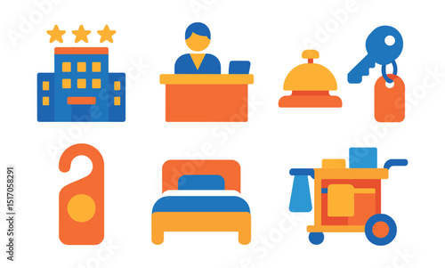 Flat vector icons of hotel services: hotel building, reception desk, hotel bell, room key, check-in counter, do not disturb sign, bed, housekeeping cart.