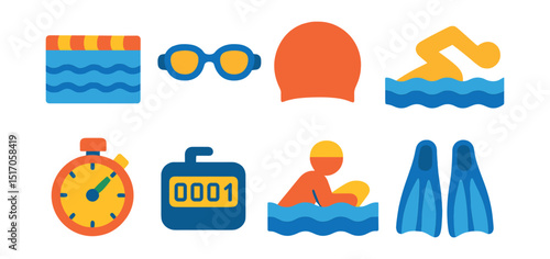 Flat vector icons of swimming exercise: swimming lane, goggles, swim cap, freestyle stroke, pool timer, lap counter, water training, swim fins.