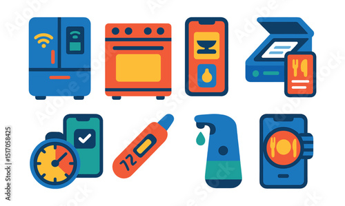 Flat vector icons of smart kitchen tools: smart fridge, app-controlled oven, kitchen scale app, recipe scanner, timer assistant, digital thermometer, auto dispenser, meal tracker.