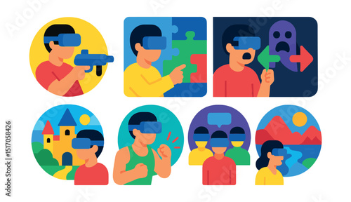 Flat vector icons of VR games and experiences: VR shooter icon, puzzle VR, rhythm game setup, horror game icon, fantasy world icon, fitness VR, multiplayer lobby, adventure landscape.