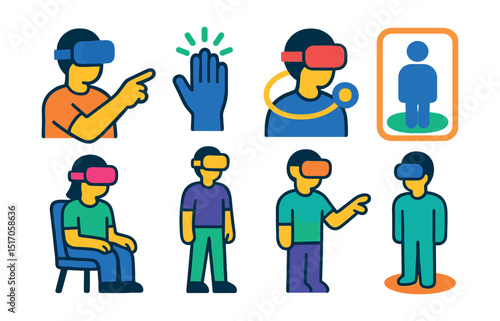 Flat vector icons of VR interaction and users: pointing in VR, hand tracking icon, gaze selection, walkable area boundary, teleport icon, seated experience, standing user avatar, grab motion.
