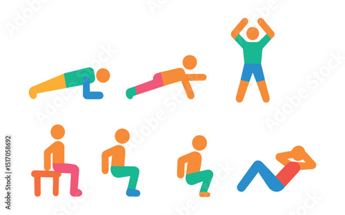 Flat vector icons of bodyweight workouts: push-up icon, plank hold, jumping jacks, body squat, wall sit, tricep dip, lunge step, core crunch.