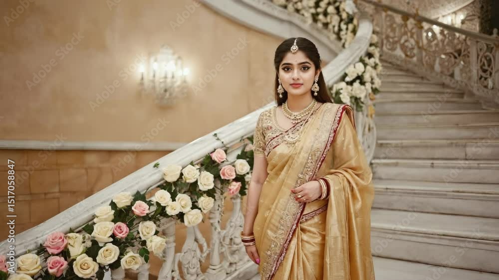 custom made wallpaper toronto digitalElegant woman wearing a beautiful golden sari and jewelry is posing on a white staircase decorated with pink and white roses in a luxurious palace