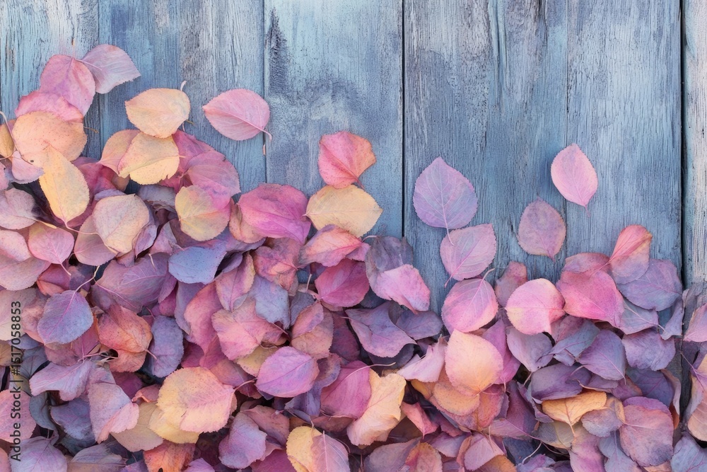 Obraz premium Pile of colorful autumn leaves in shades of pink and purple against weathered blue wood texture.