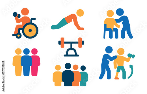 Flat vector icons of adaptive fitness: wheelchair workout, modified push-up, seated stretch, one-arm lift, inclusive group icon, adaptive equipment, trainer assist, range of motion icon.