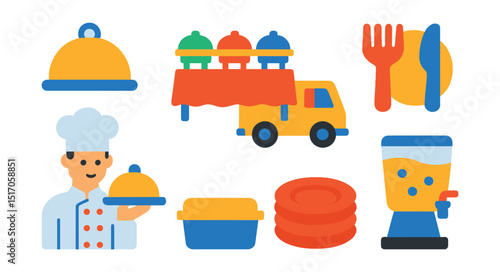 Flat vector icons of catering services: food tray, buffet table, catering van, disposable cutlery, chef with dish, food container, plate stack, drink dispenser.