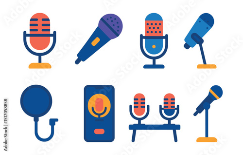 Flat vector icons of microphones and recording: studio mic, handheld mic, boom mic, condenser mic, pop filter, voice recording, podcast setup, mic stand.