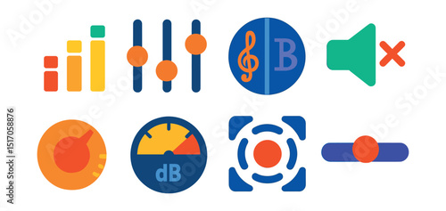 Flat vector icons of equalizer and volume: audio bars, EQ sliders, treble/bass control, mute icon, volume knob, decibel gauge, surround icon, audio balance.