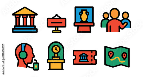 Flat vector icons of museums and exhibitions: museum building, exhibit label, display case, guided tour, audio guide, history wing icon, museum ticket, interactive map.
